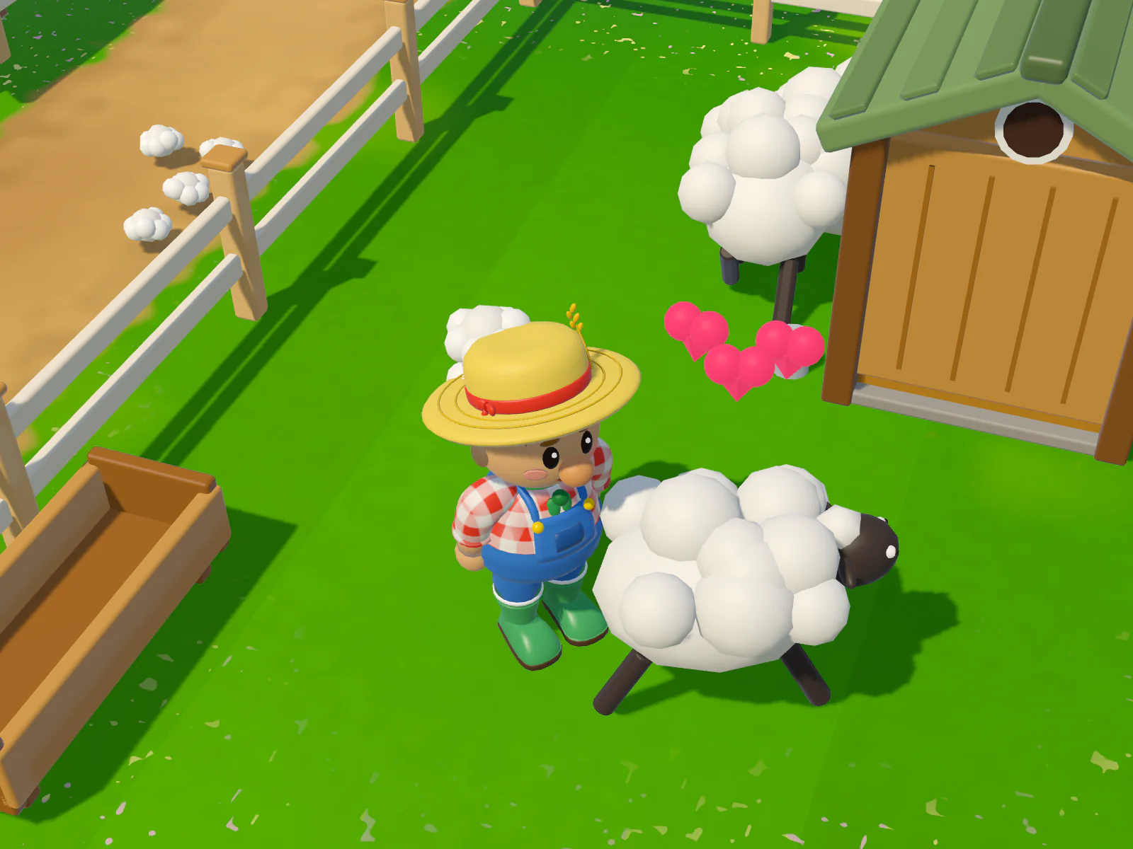 The farmer petting a sheep in its pen