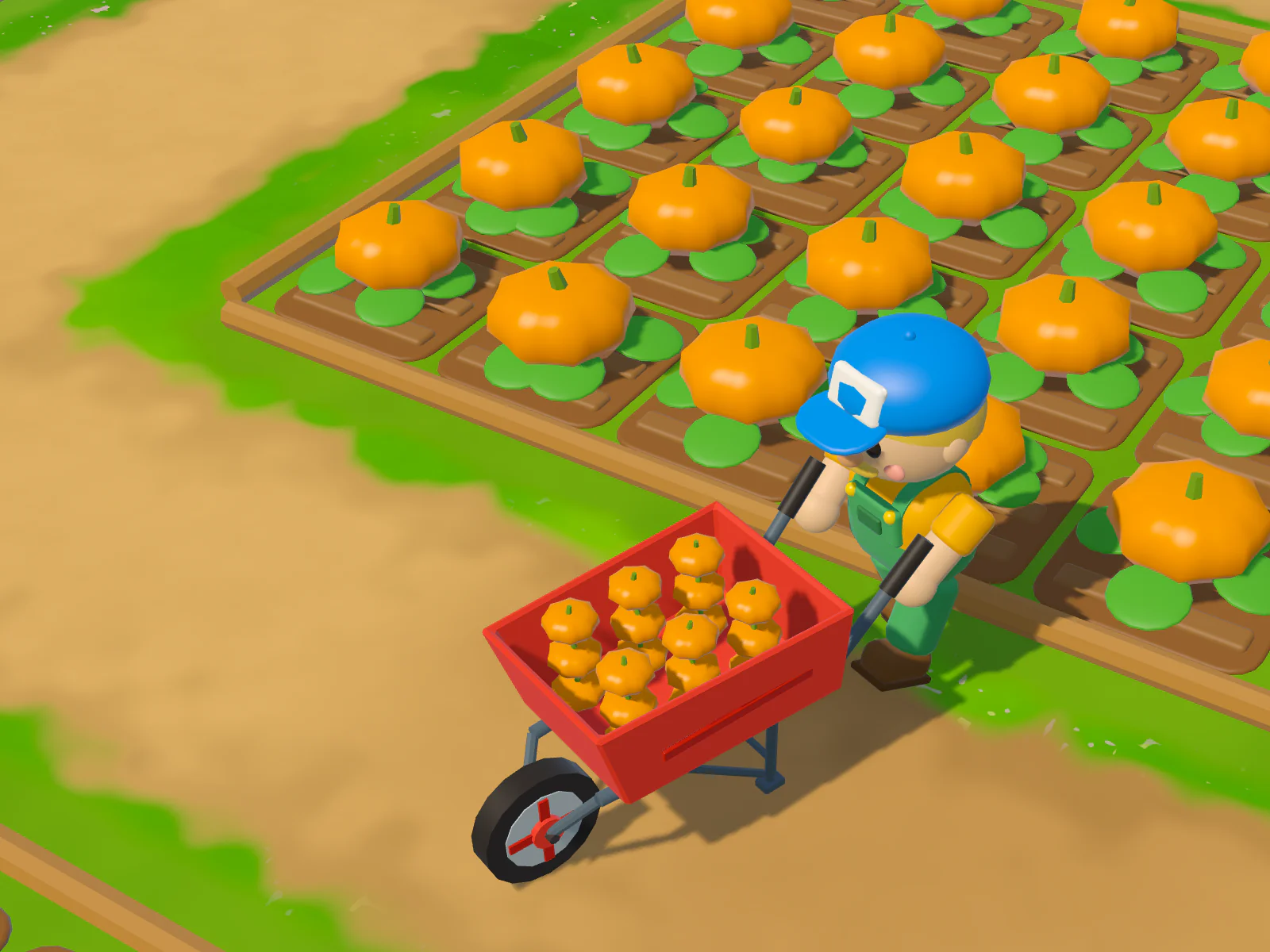 A farmhand pushing a barrow of pumpkins