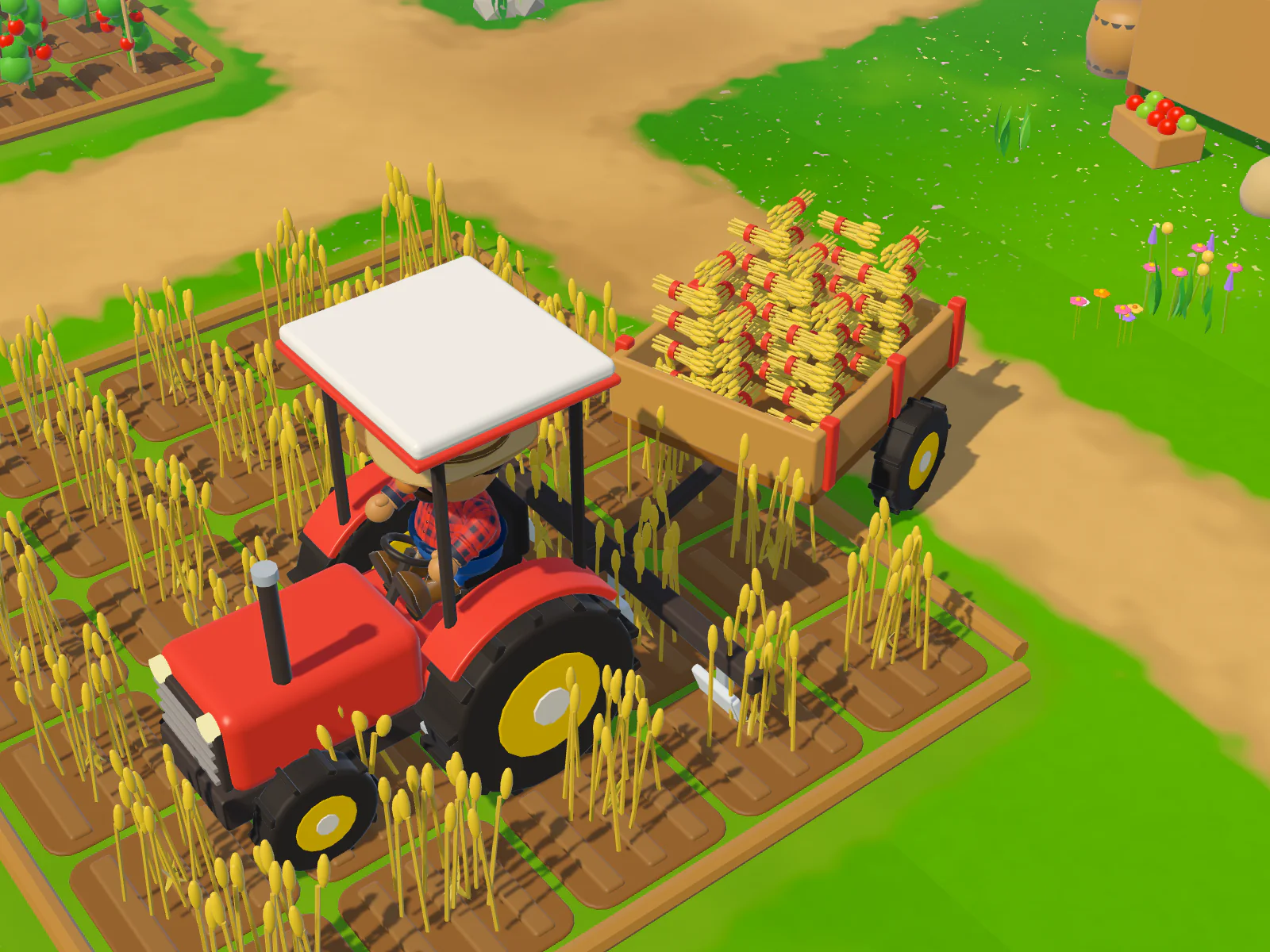 A red tractor driving through ripe wheat
